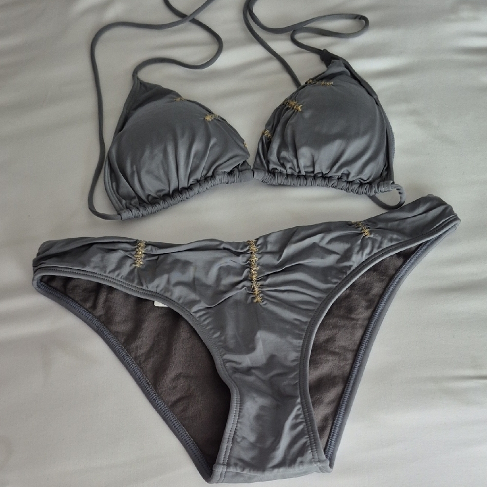 Gray Bikini Set with Gold Accents